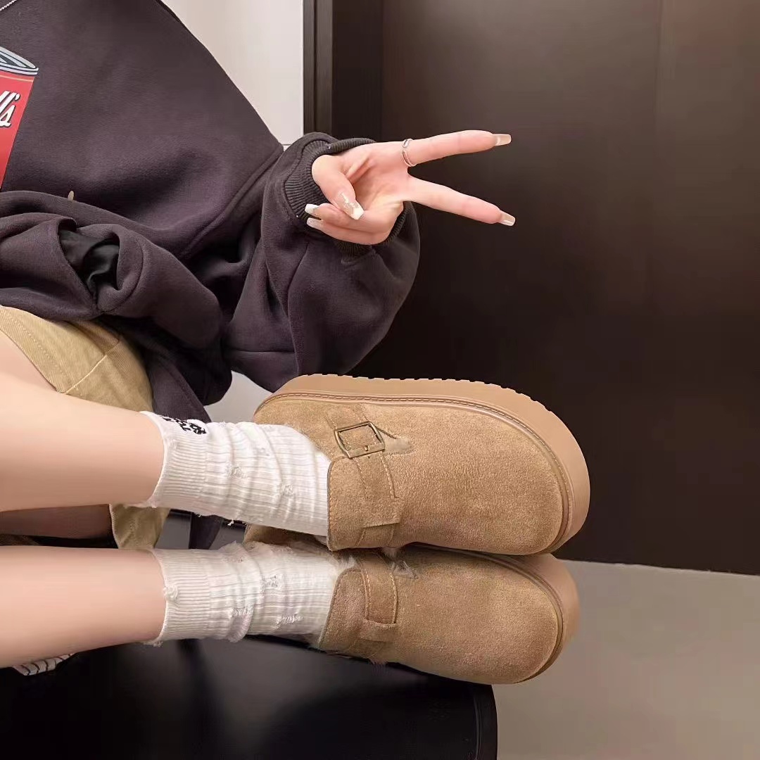 D21-2款厚底加绒勃肯鞋女保暖雪地靴一脚蹬乐福鞋低帮棉鞋棉靴Y