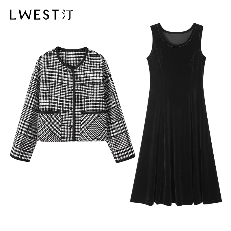 【李不了】朗文斯汀千鸟格外套丝绒裙套装DZMG4510C09318