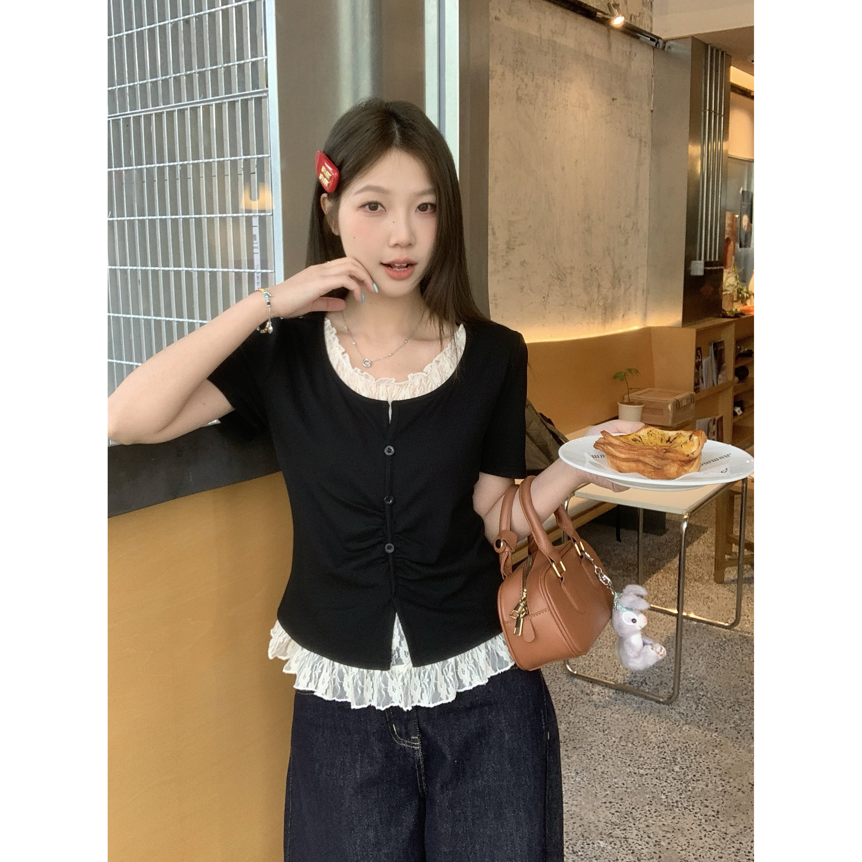 【现货】2025夏季胖MM韩系穿搭蕾丝拼接假两件短袖T恤女显瘦气质
