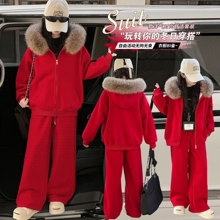 2025新款冬季亲子装红色毛领卫衣男女童保暖时尚冬装外套裤子