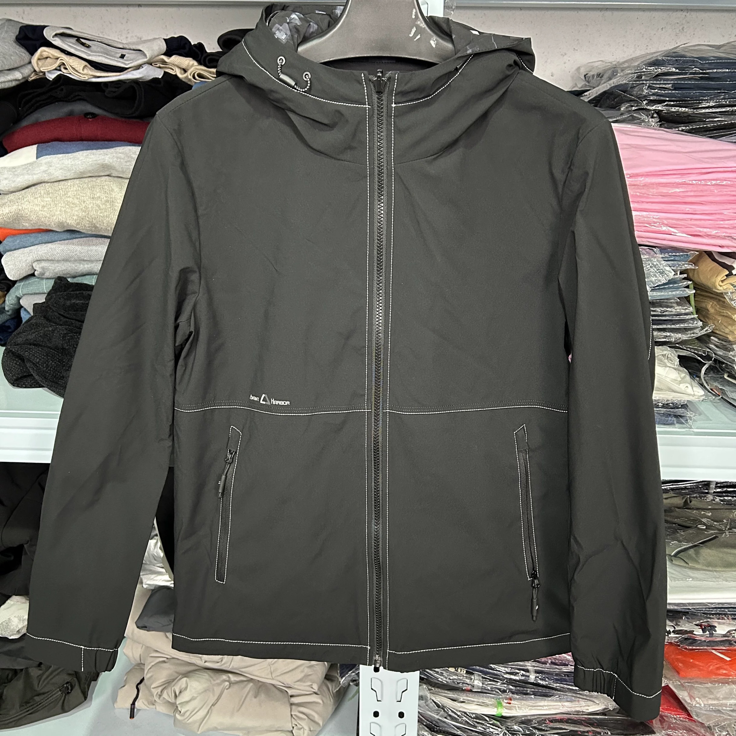 8595撤柜H剪标一面黑色一面满印花春秋休闲连帽冲锋衣风衣外套男