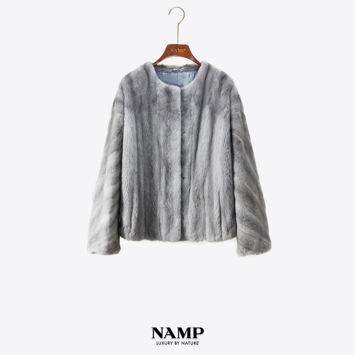 NAMP全抽工艺条纹圆领宽松咖啡色短款 紫标天鹅绒短二水貂外套女