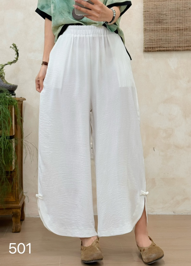 国风开叉雪纺阔腿裤女高腰垂感宽松休闲裙裤夏季薄款九分裤