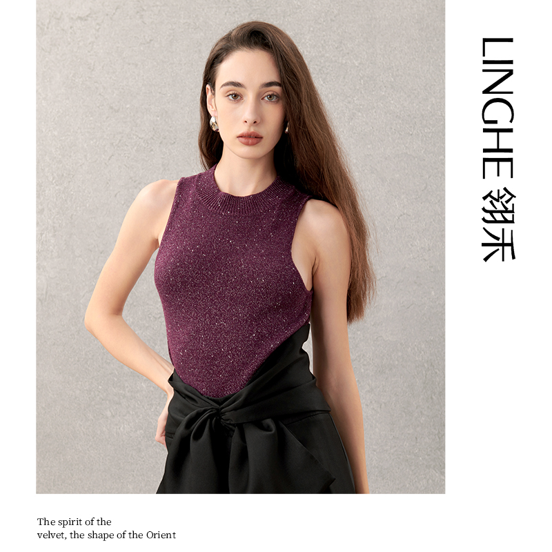 翎禾LINGHE「梦压星河」-极简半高领细闪显瘦修身针织背心套头衫