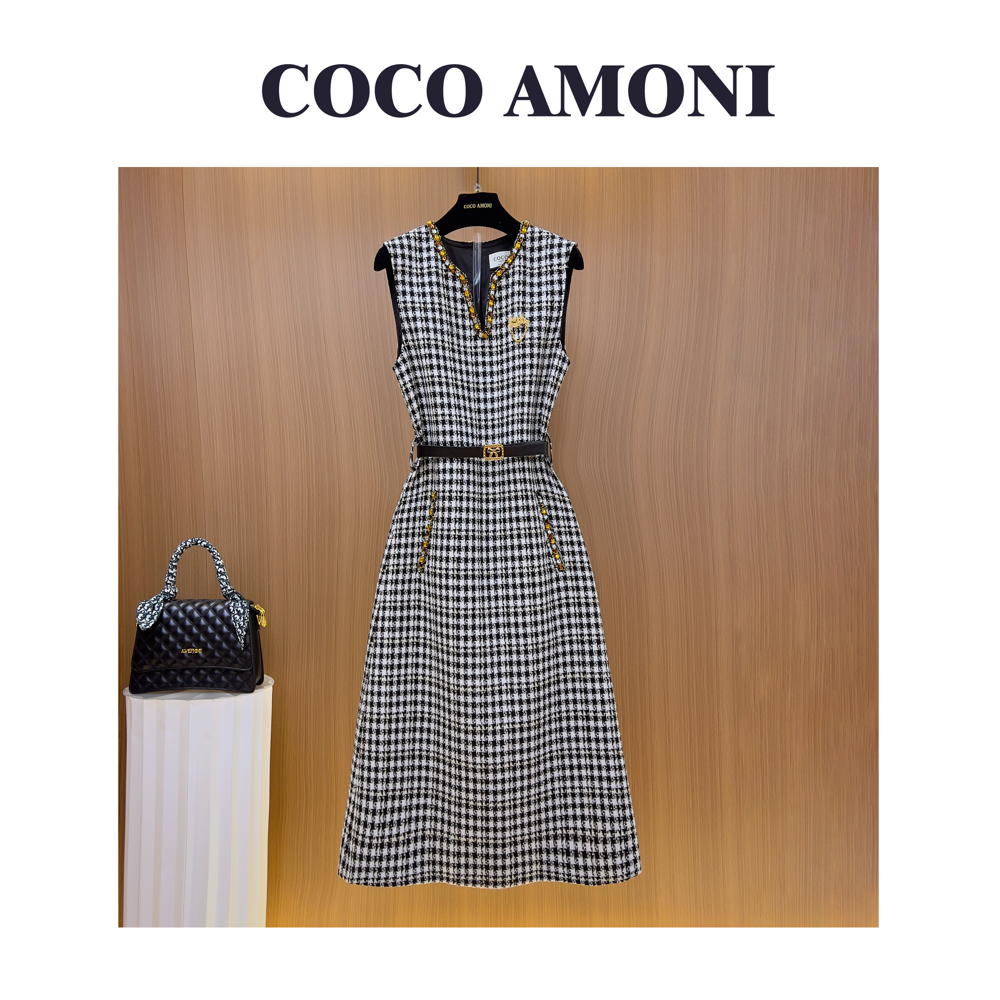 秋冬季时尚设计师爆款女装拼接收腰显瘦气质连衣裙WXH1180