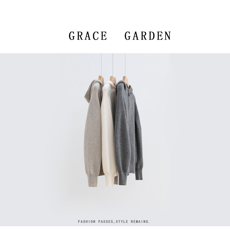 GRACE GARDEN【庄园毛衣！590g+】连帽半拉链长袖针织毛衣ZZS5J2403