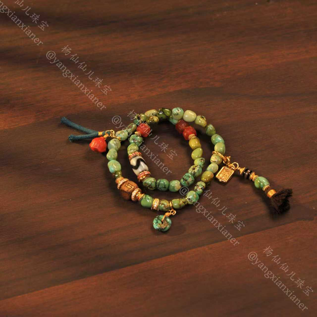 【杨仙仙珠宝】银镶嵌绿松石多宝手串- A2202
