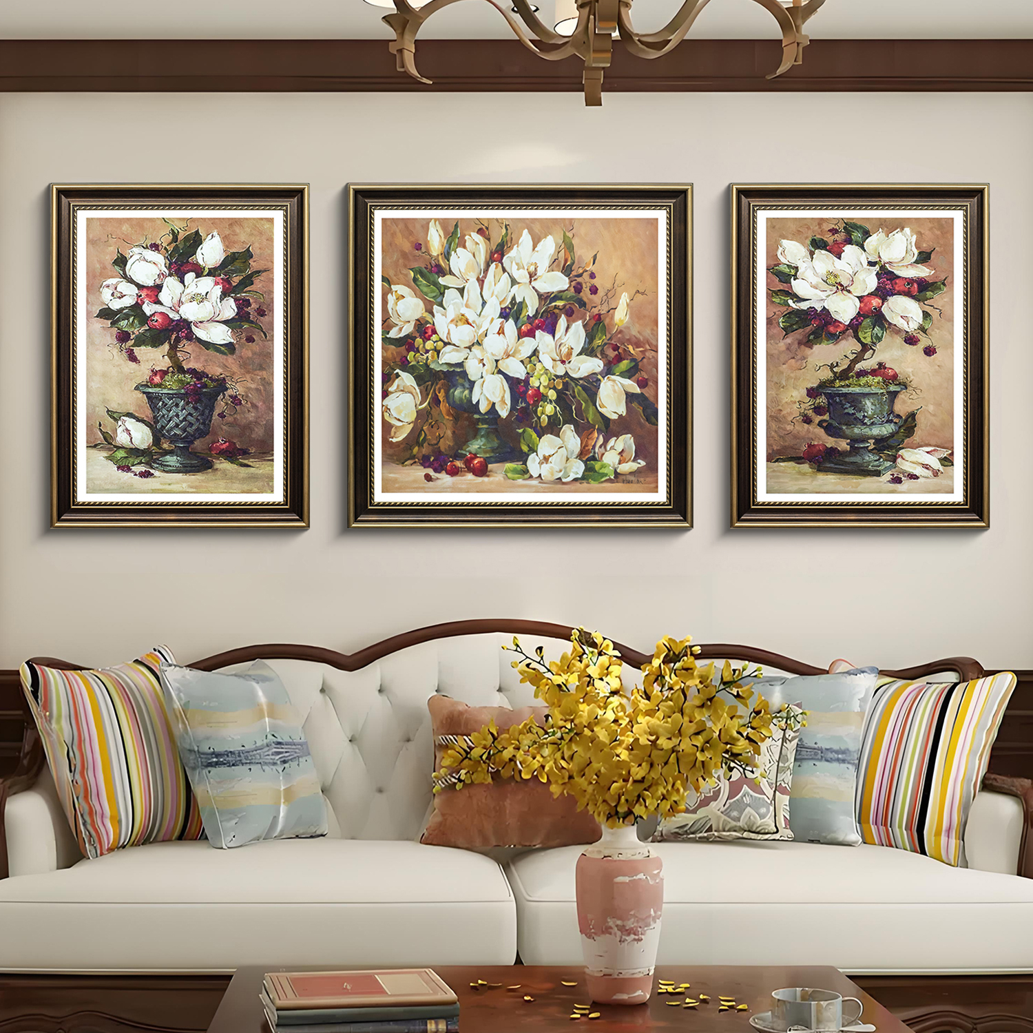 益师傅客厅装饰画复古沙发背景墙画高档欧式三联挂画玉兰花80200