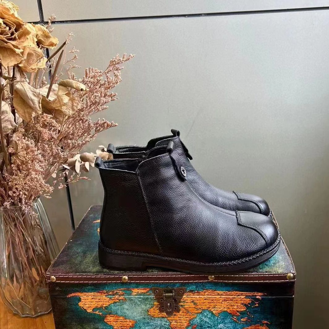 头层牛皮软底软面羊毛保暖妈妈鞋短靴M686