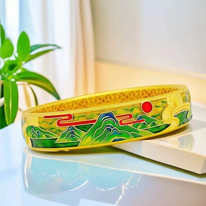 足银珐琅手镯 足银999 珐琅万里江山手镯 鎏金精美