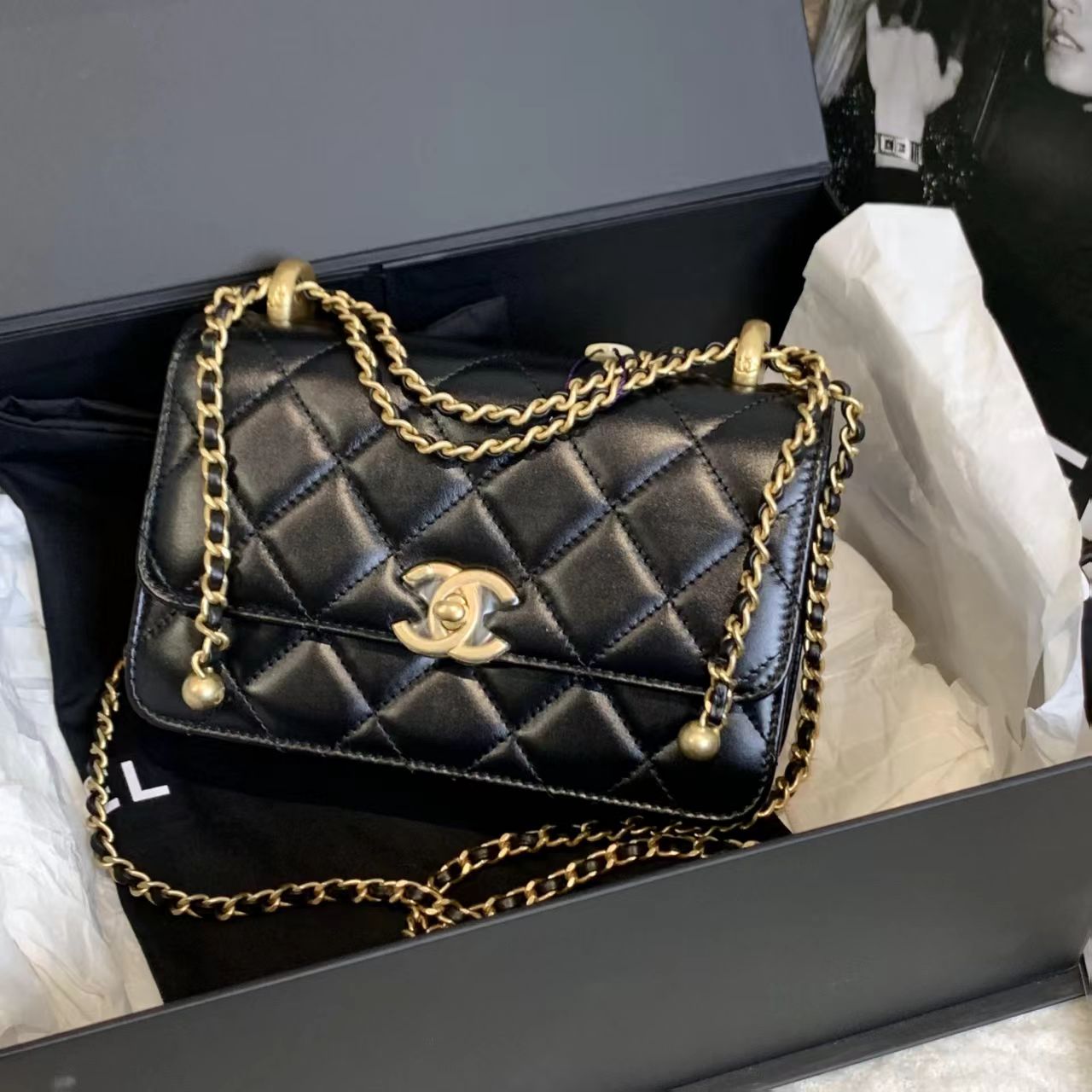 99新 Chanel/香奈儿 壹臻/24C黑金双金珠包 19cm/33961409