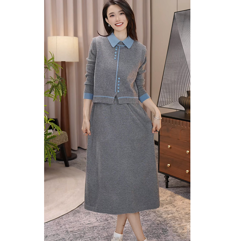 nuobeiyin/诺贝因冬季纽扣装饰针织马甲连衣裙两件套装 NAMM6976