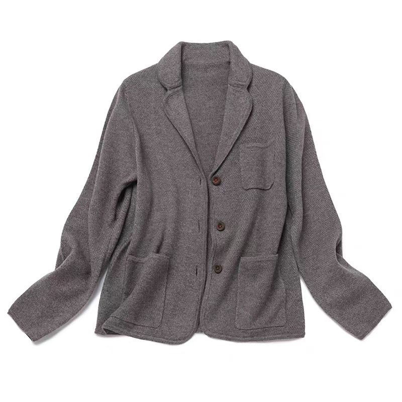 内蒙版纯羊绒西装领休闲西装开衫桂花针针织宽松开衫