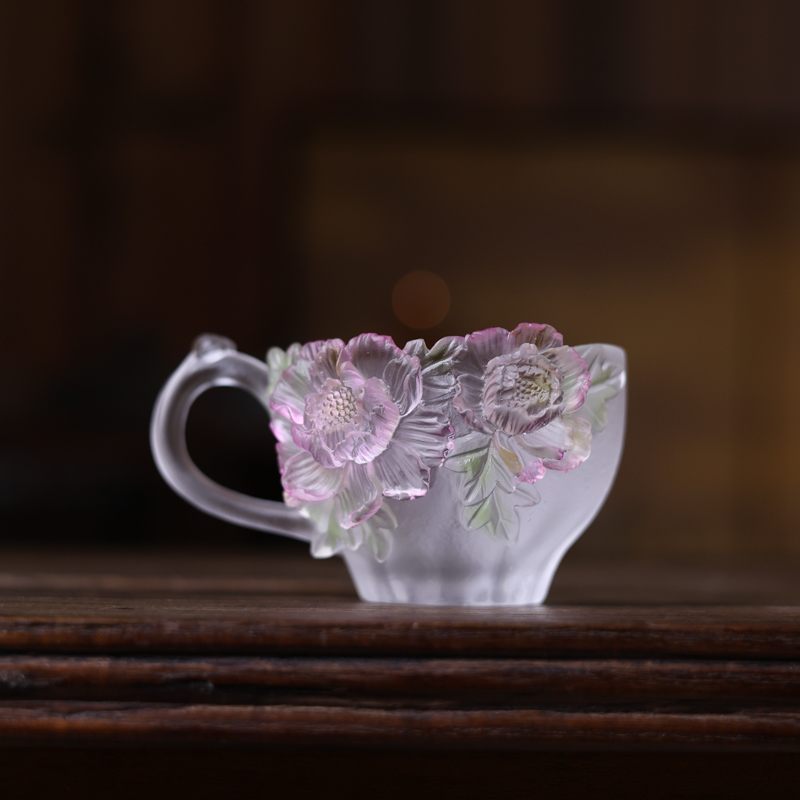 【陶珊居】十二花神琉璃茶杯咖啡杯四月牡丹（琉璃S0516）