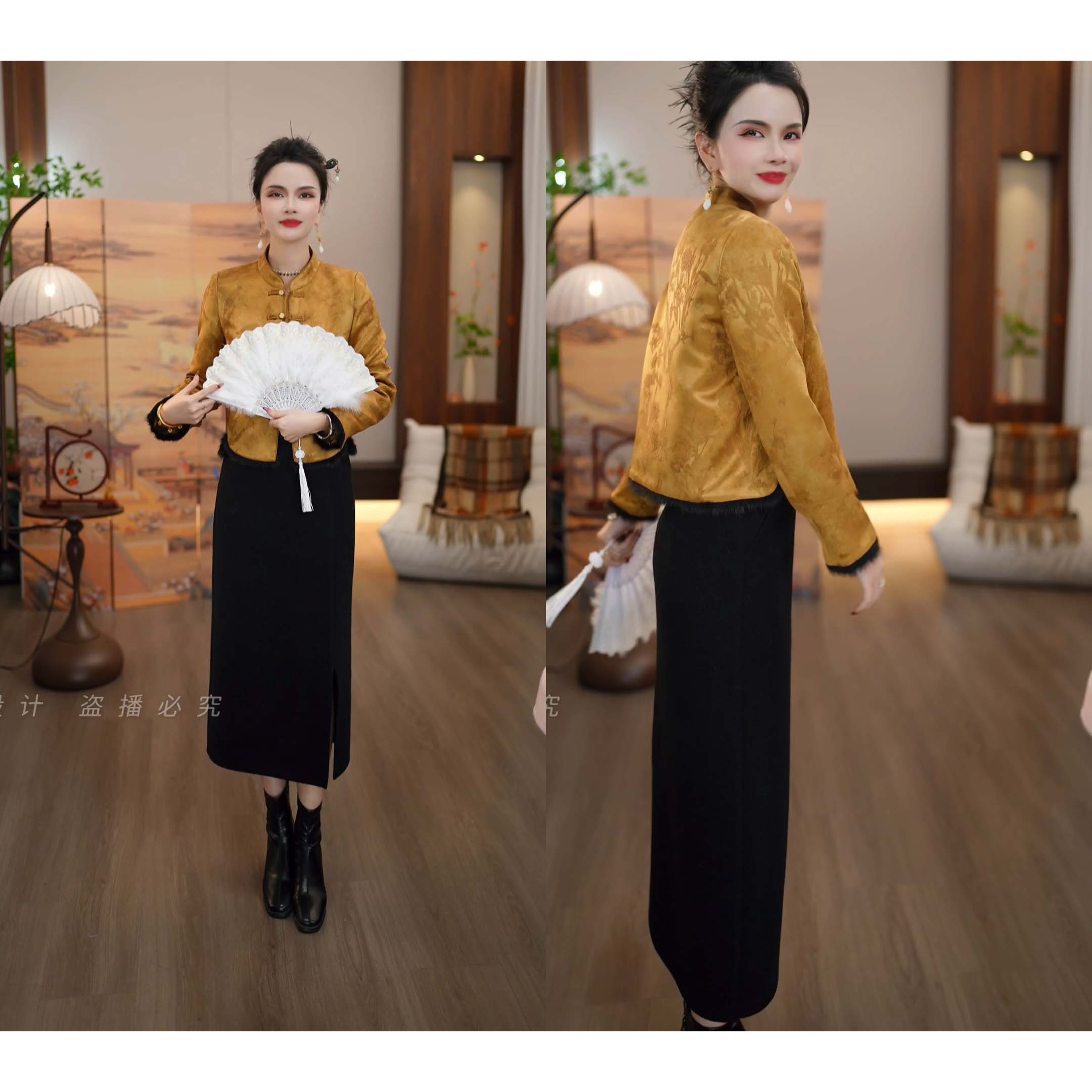 2025秋冬款新中式琥珀黄提花气质复古外套+黑色半裙两件套M-4XL