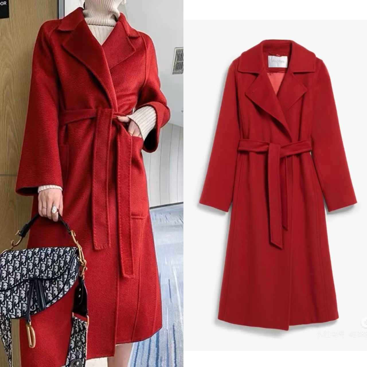 99新  麦丝玛拉 女士红色宽松长款气质显瘦骆驼毛大衣 38码 M2605