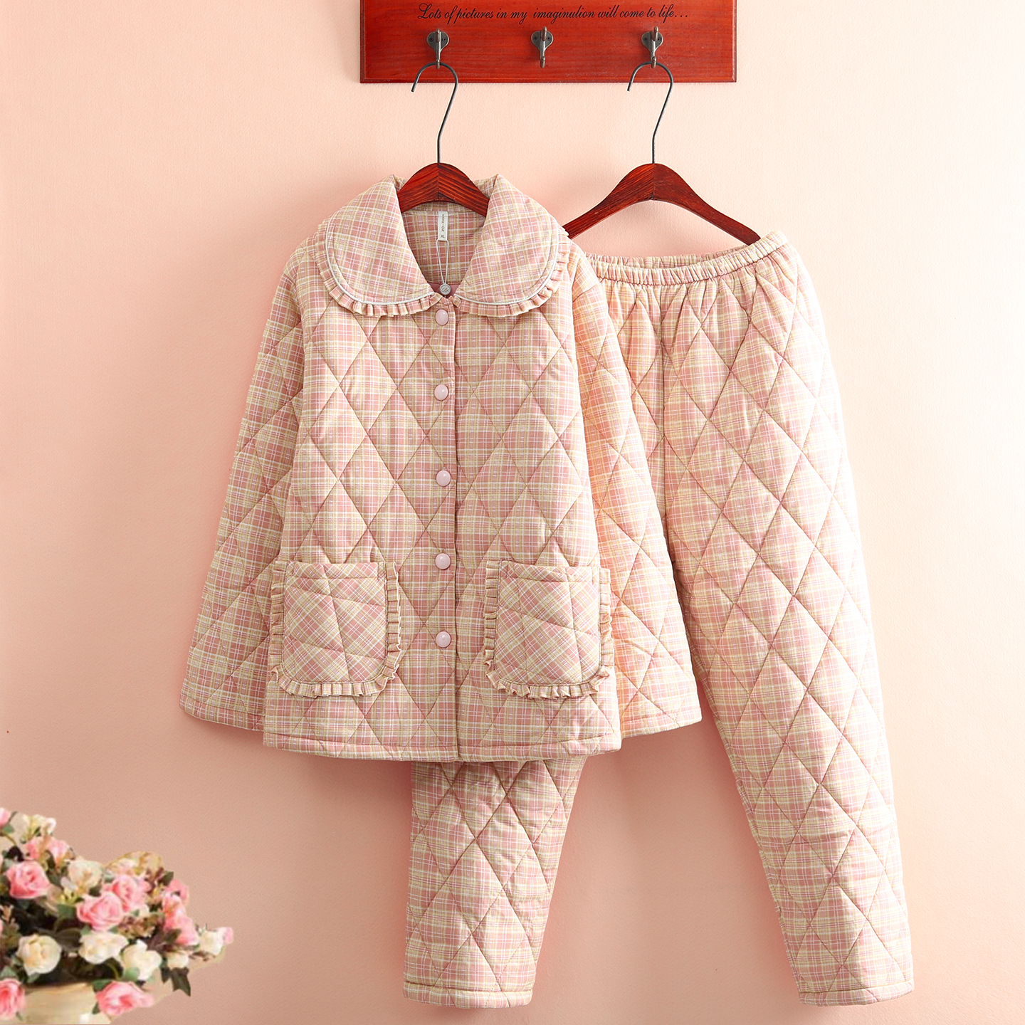 加肥加大薄款纯棉夹棉睡衣女冬季全棉保暖格子薄棉睡衣家居服套装