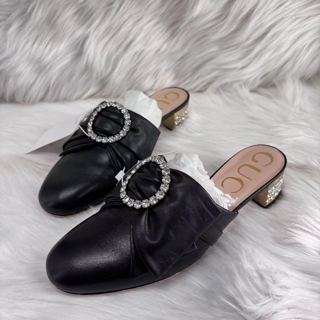 GUCCI/古驰37码/Seven女鞋精选 黑色水钻时尚粗跟包头半拖 820