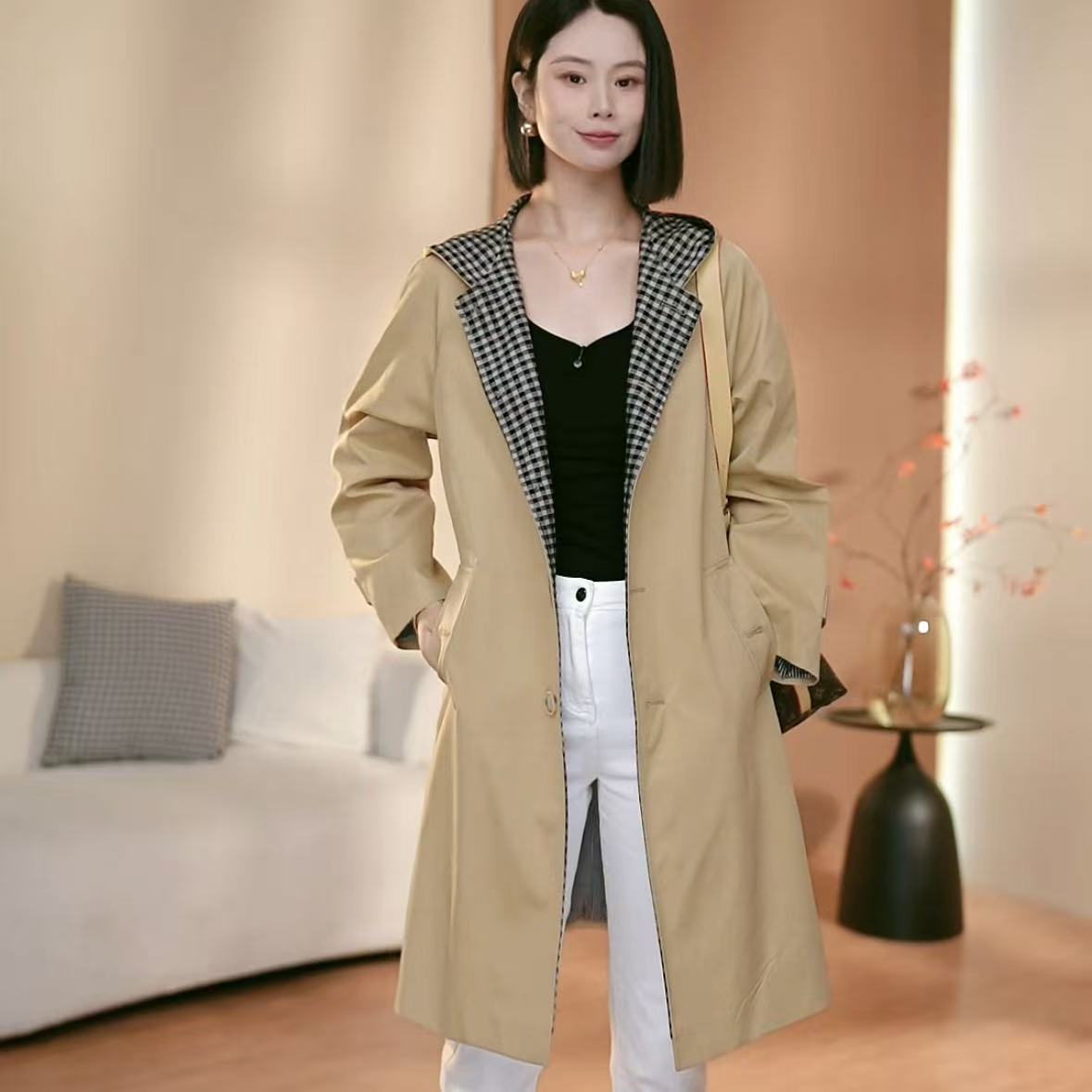 2025连帽极简风春秋中长款气质风衣外套女