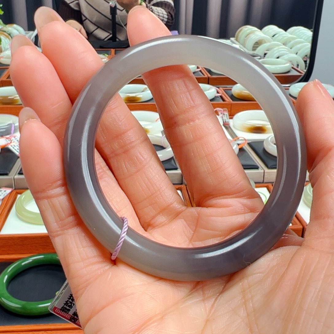 和田玉烟紫手镯圆条卡58未镶嵌