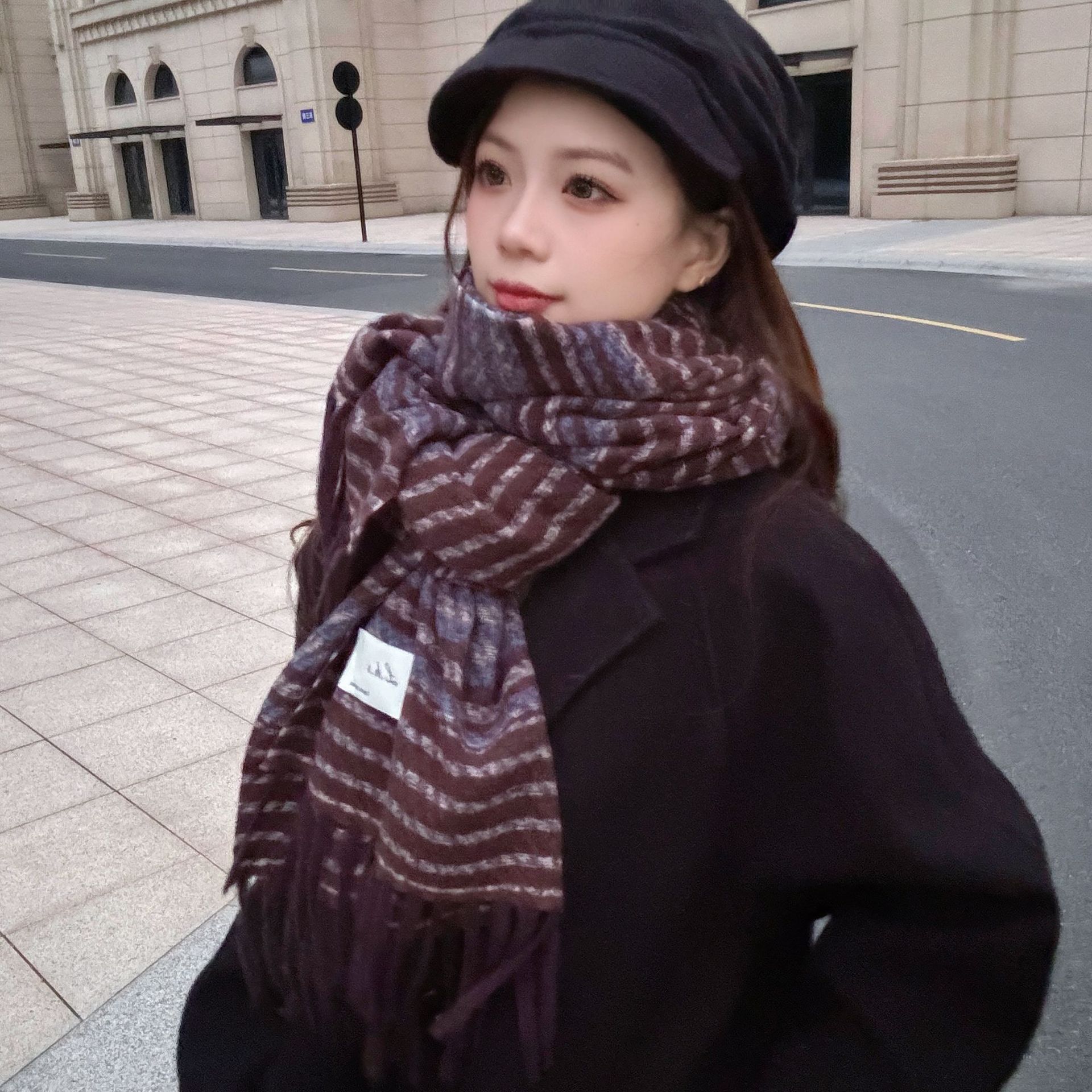 秋冬围巾新款条纹加厚复古流苏高级感情侣时尚百搭披肩