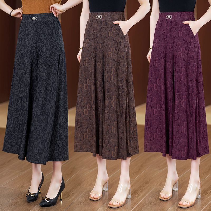 夏季中老年国风女裤新款阔腿裤女高腰显瘦大码宽松休闲裤妈妈裙裤