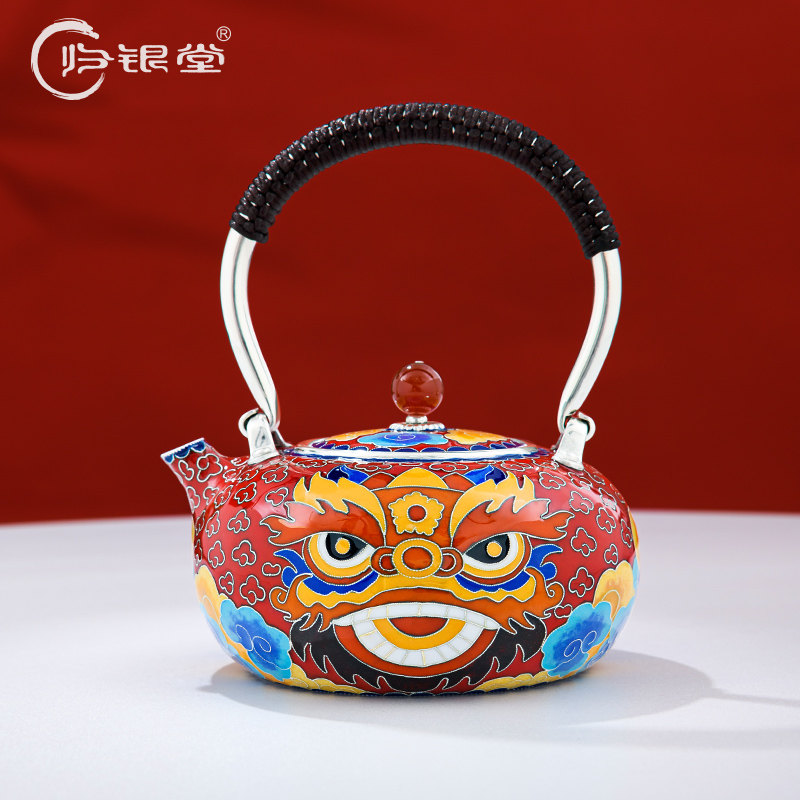 归银堂景泰蓝足银烧水壶掐丝珐琅醒狮小提梁茶壶茶GS-FSSH220404
