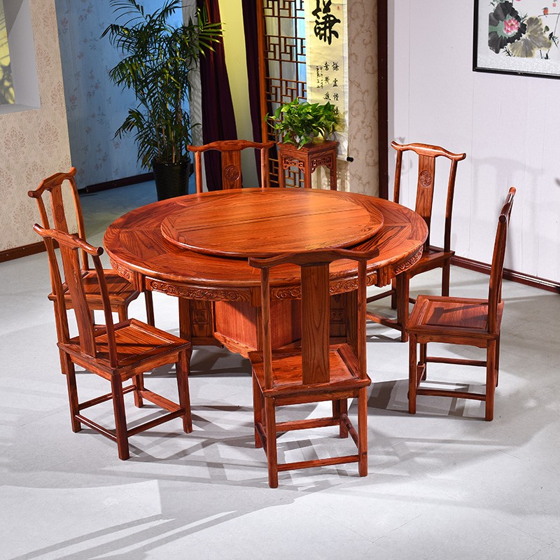 实木圆桌中式仿古雕花古典圆形小户型饭桌酒店餐厅包厢桌椅组合