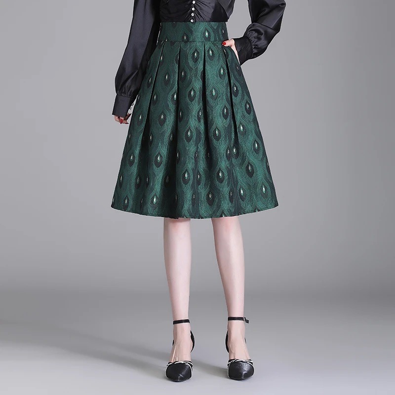 081-100孔雀绿半身裙女秋季上新高腰显瘦气质修身伞裙A字裙中长裙