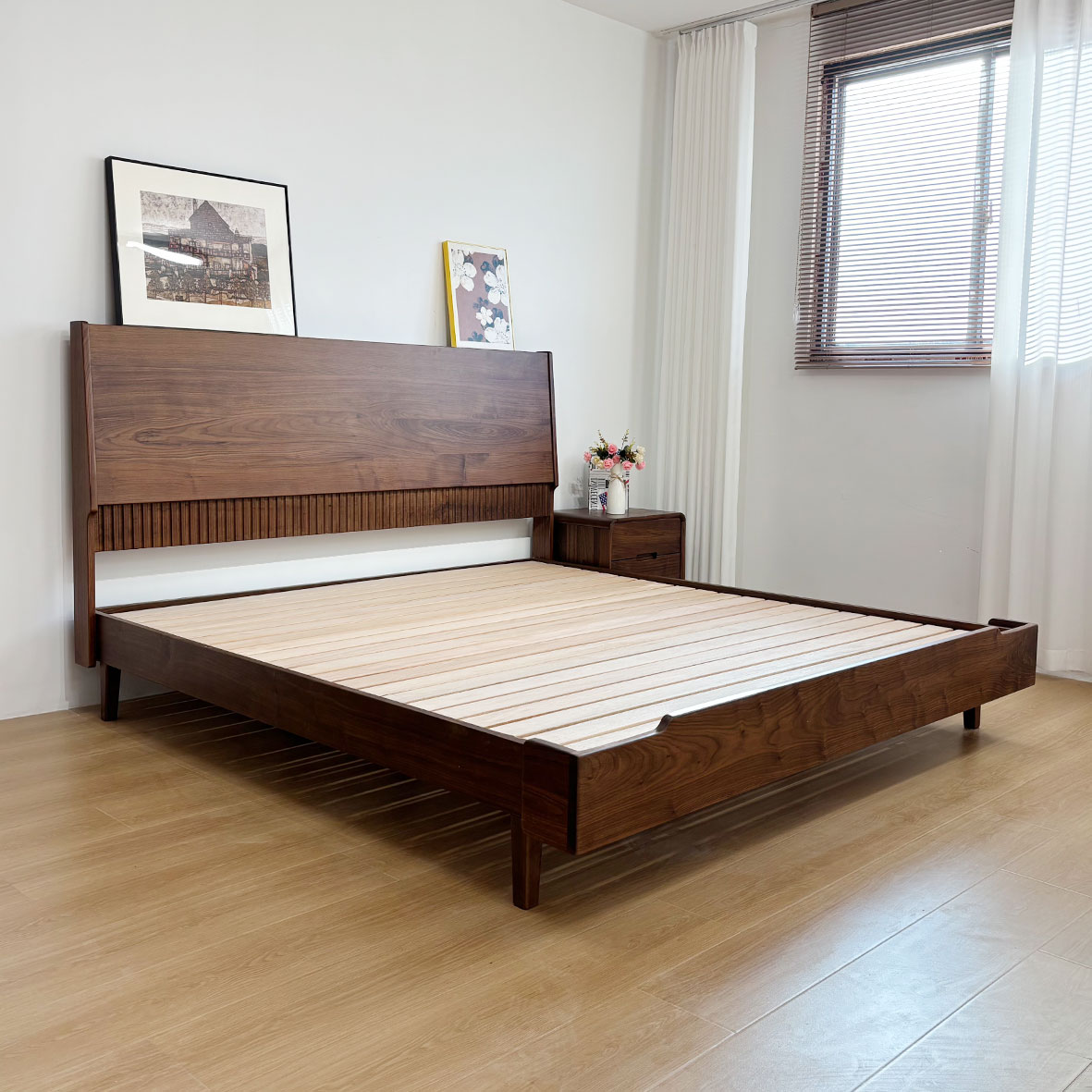 辰物家北美黑胡桃木主卧大床轻奢简约风琴实木床高品质悬浮床