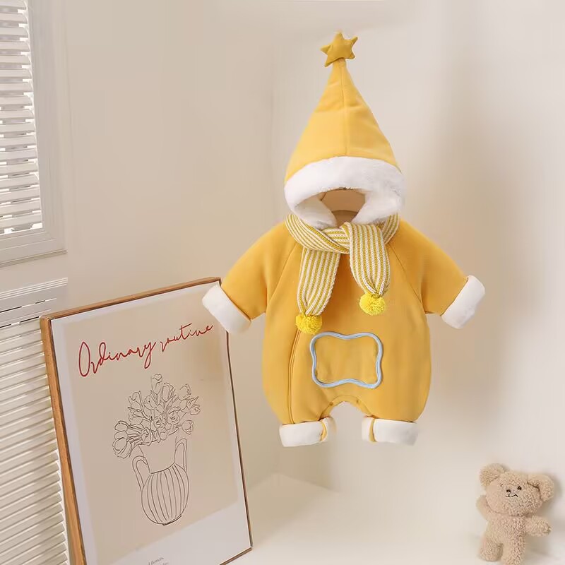 婴儿冬装加棉加厚连体衣服小月龄宝宝百天超萌洋气保暖棉服外出服