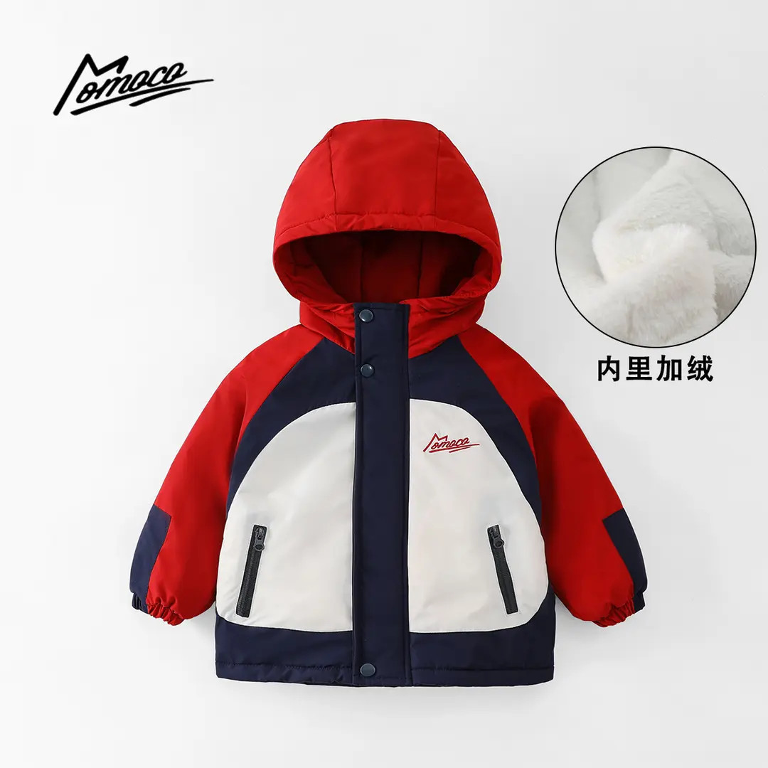 MOMOCO冬季男童潮流拼色加绒外套洋气休闲字母棉服77430107071
