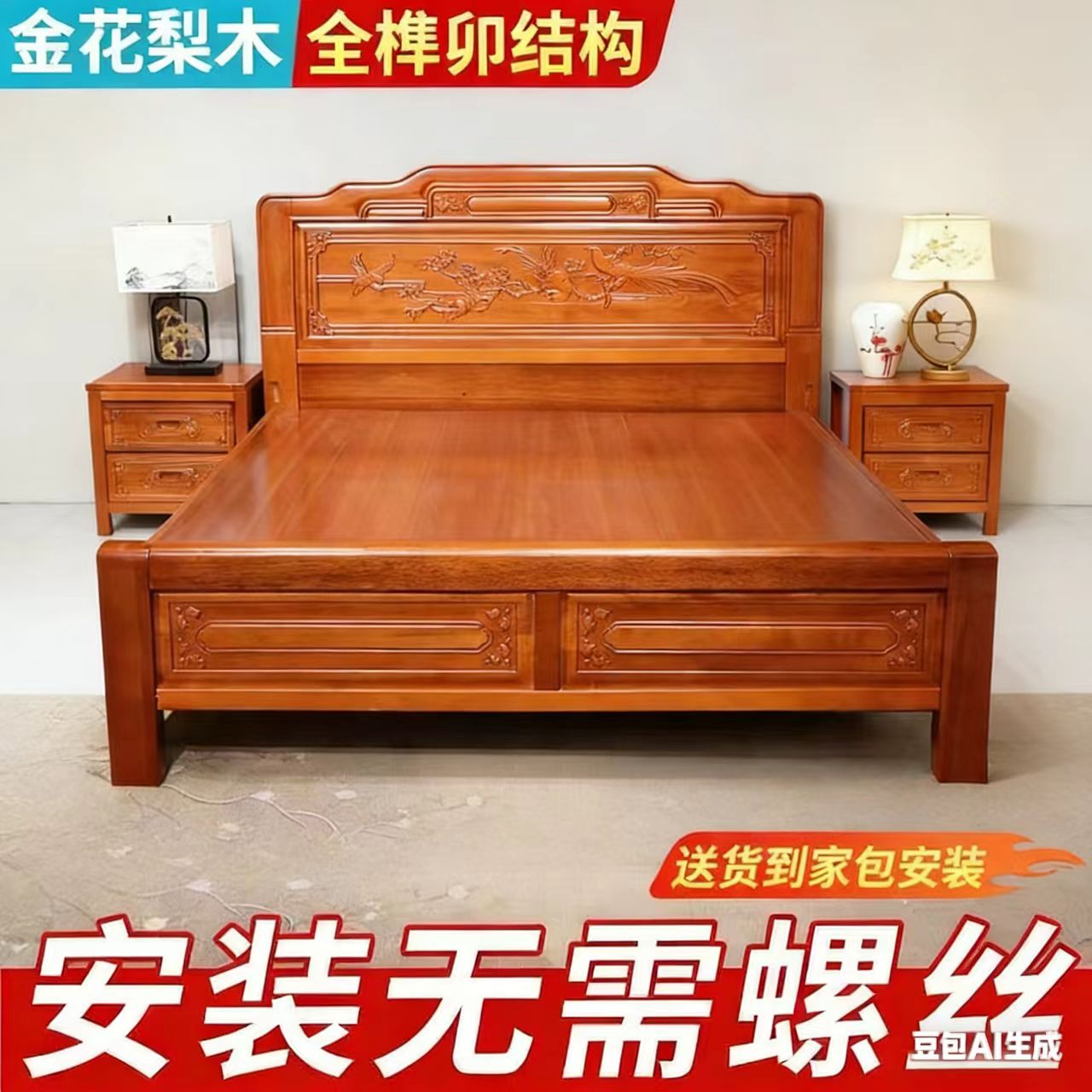 【金鹊报喜】实木床雕花婚床双人大床主卧室大床1.8米全榫卯9011#