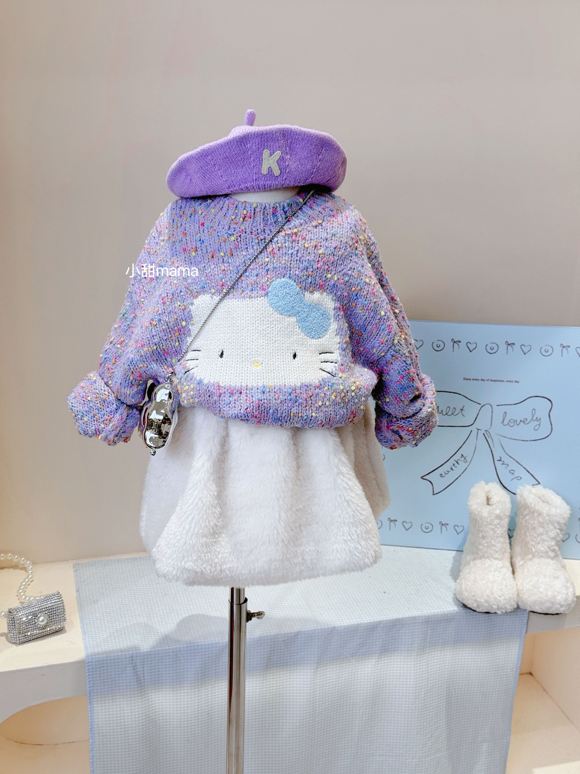 女童冬装彩点纱KT猫毛线衣羔毛半身裙套装女宝洋气圆领卡通毛衣潮