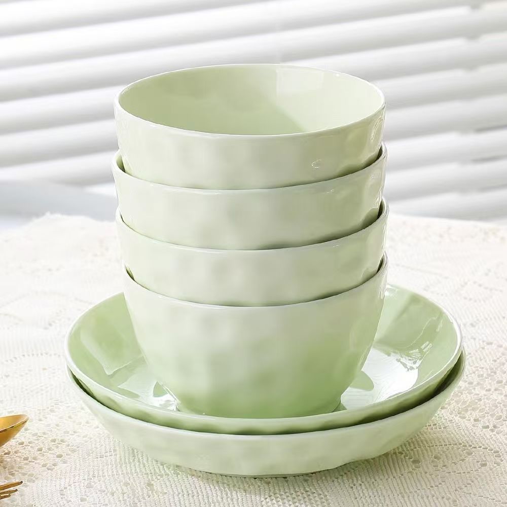 6英寸石纹面碗4只装人工收捏高温釉下彩新骨瓷