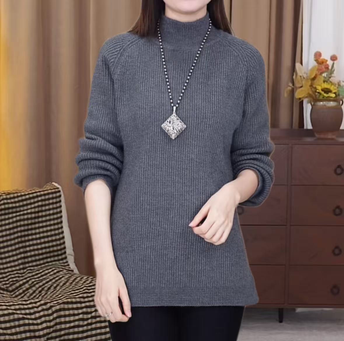 羊毛宽松修身针织衫加厚纯色半高领套头打底长袖百搭休闲中年8860