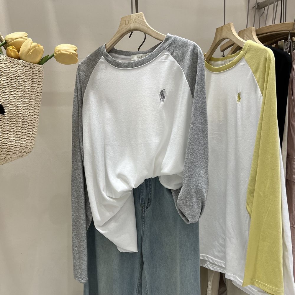 纯棉慵懒风撞色拼接长袖T恤女秋冬新款时尚刺绣宽松显瘦打底上衣