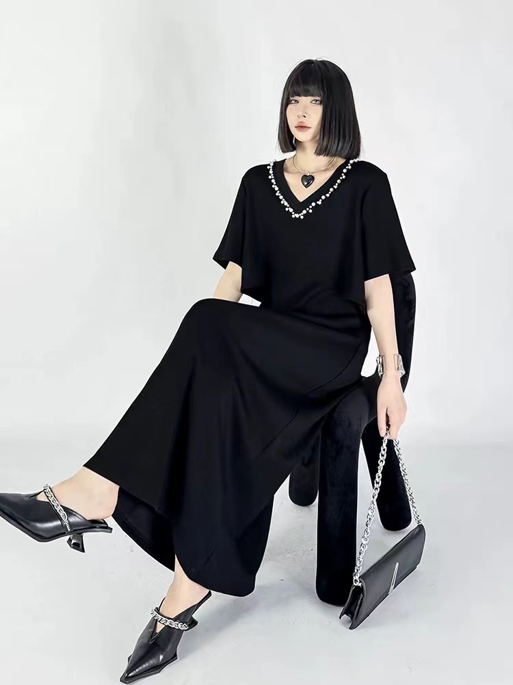 【001-100】优雅气质风小众长裙夏新款显瘦V领连衣裙女