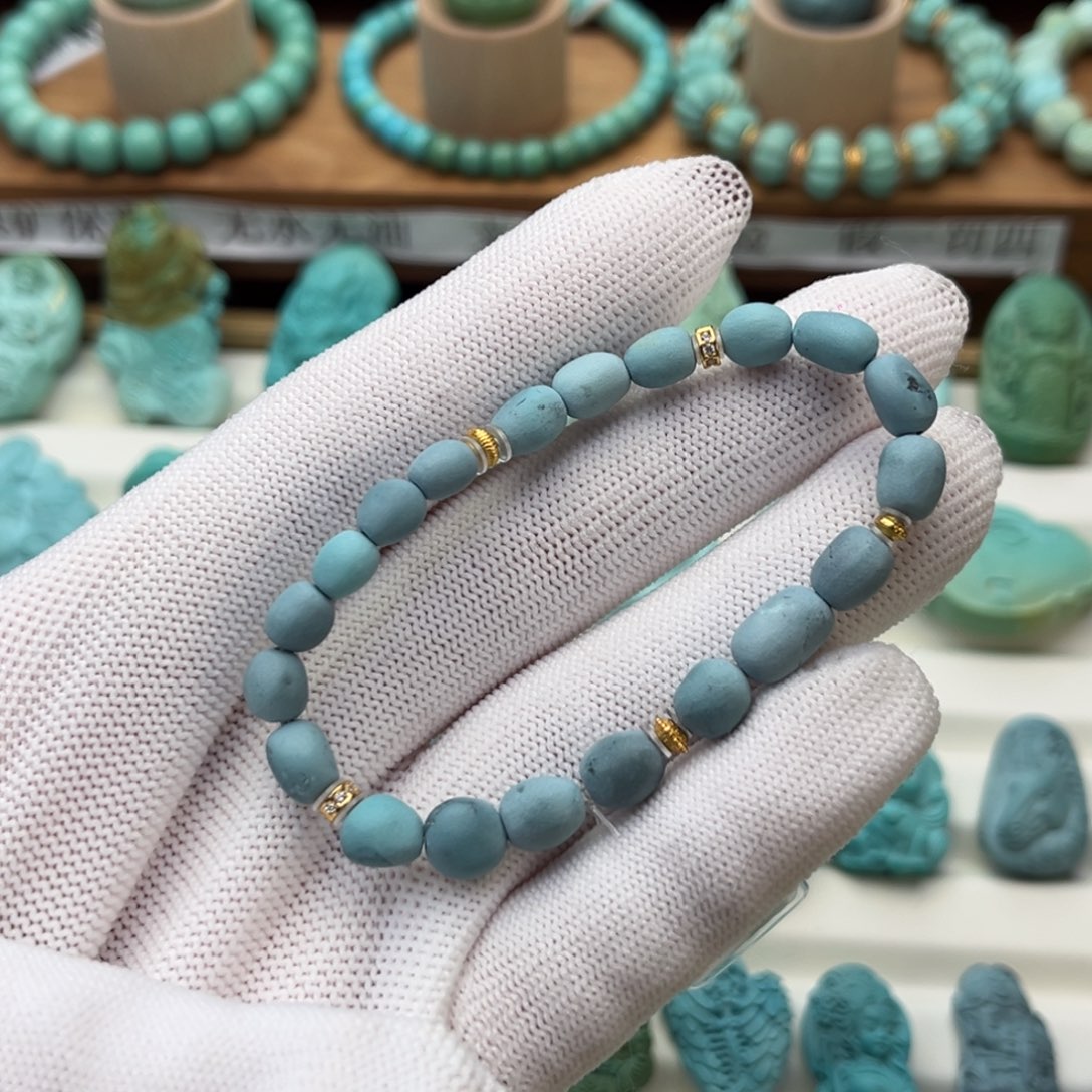 绿松石银S925镀金镶嵌珠宝奇石雾霾糖豆手串