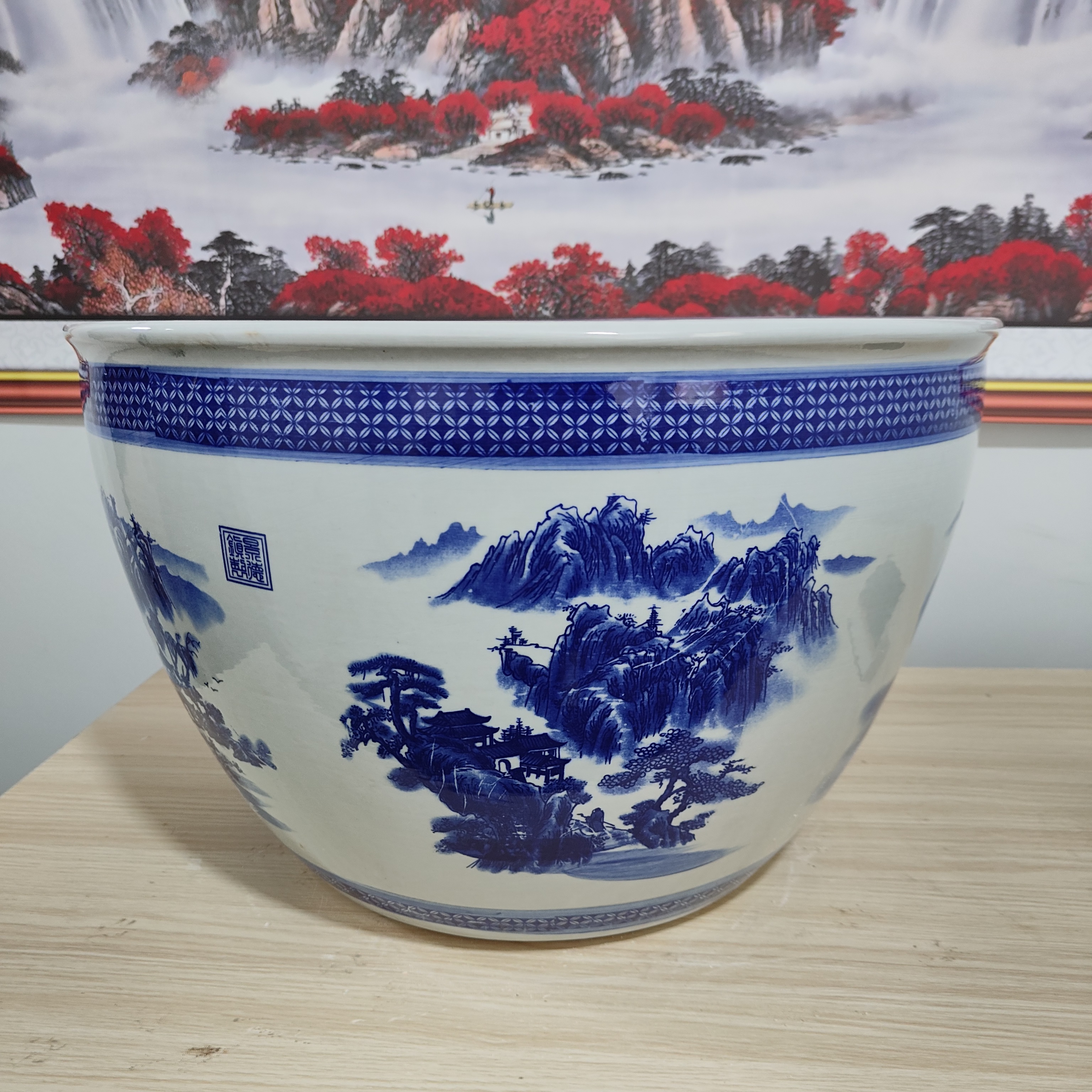 景德镇陶瓷鱼缸客厅鱼缸家用小型鱼缸办公室居家青花山水鱼缸
