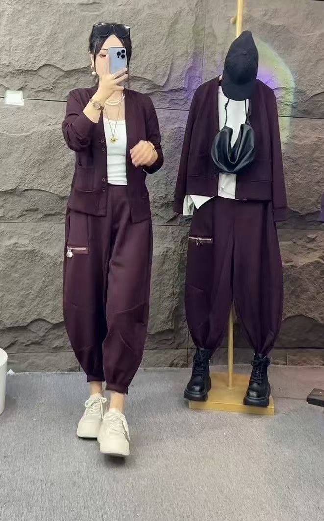 休闲外套裤子洋气2025早秋清新新款轻奢时尚个性开衫灯笼裤两件套