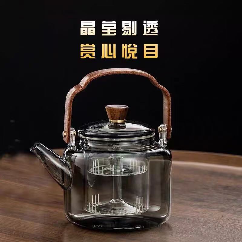 百福祥煮茶壶提梁壶玻璃茶壶胡桃木茶壶电陶炉煮茶壶蒸煮一体茶壶
