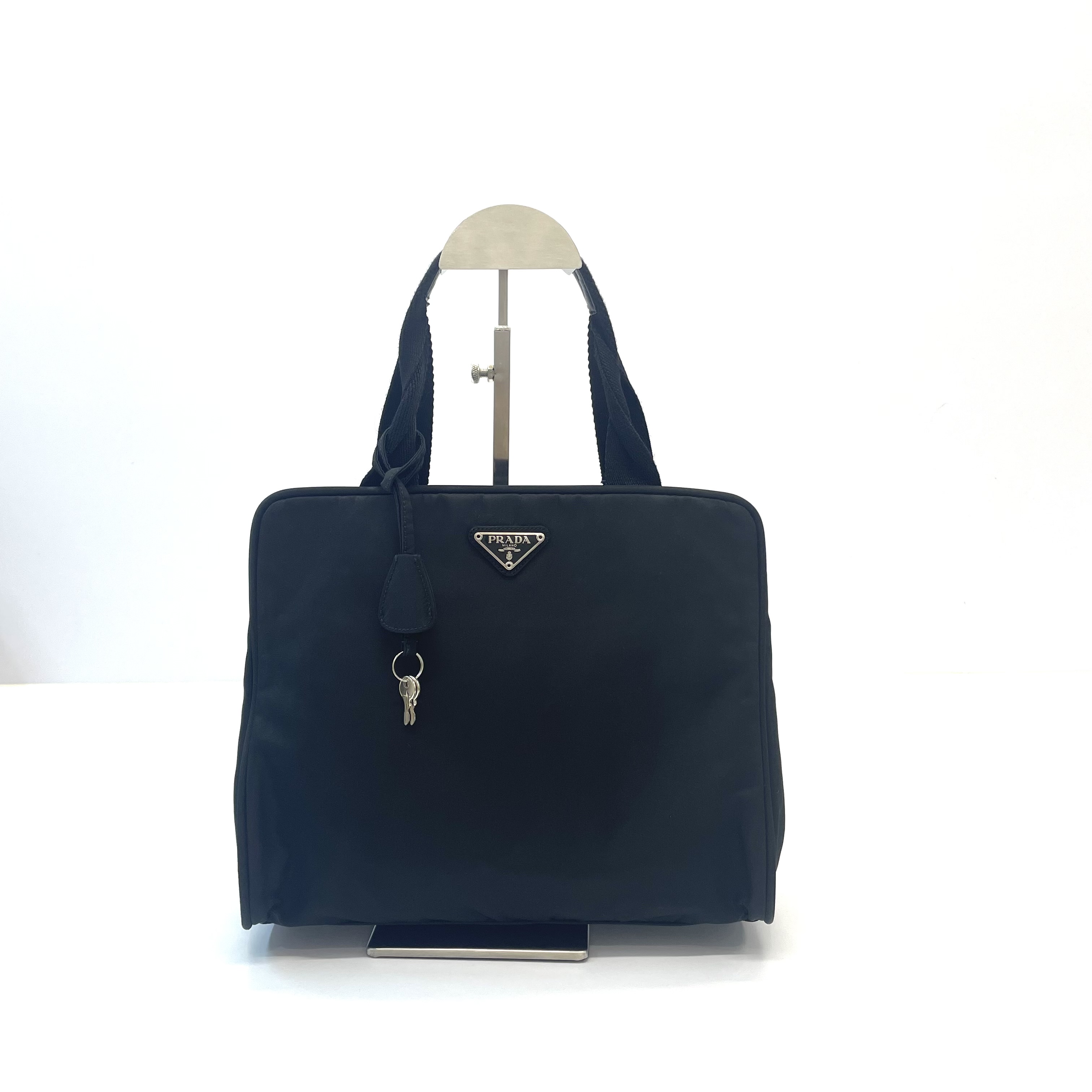 95新 Prada/普拉达 黑色尼龙帆布饭盒tote托特包