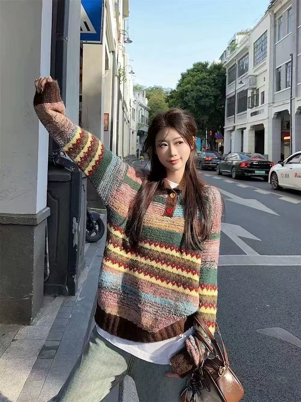 韩系复古彩色条纹翻领针织衫女2025春秋新款宽松显瘦套头毛衣上衣