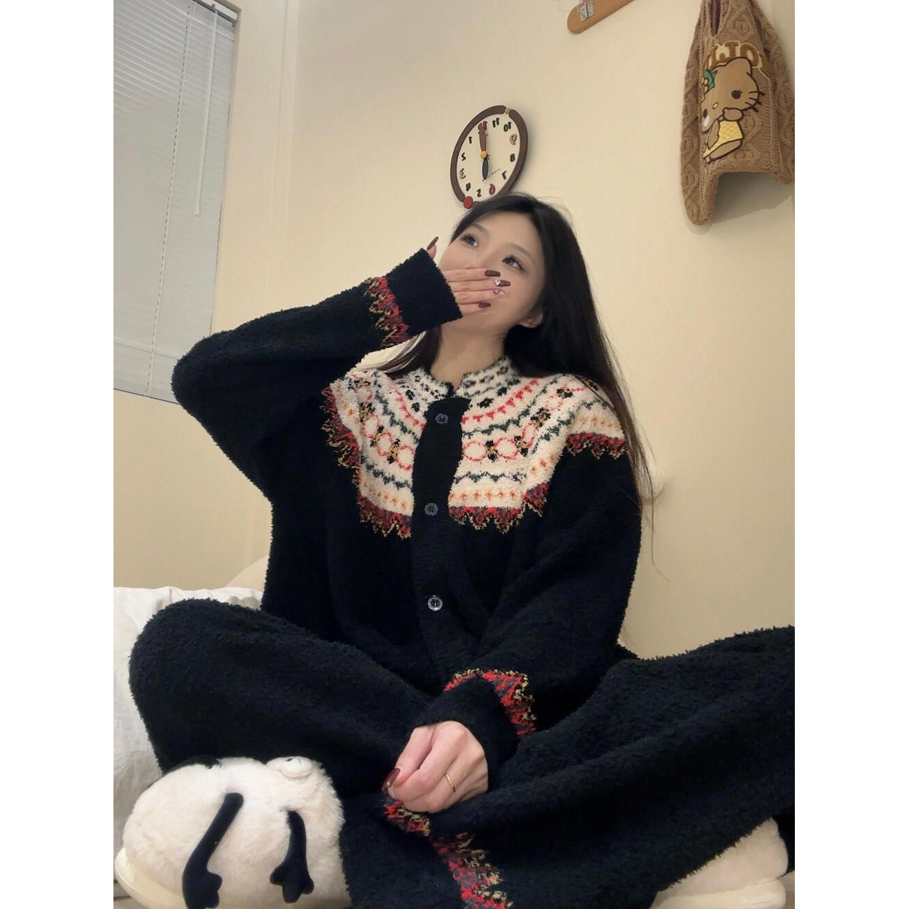 复古民族风可爱半边绒睡衣女秋冬款保暖家居服长袖长裤套装可外穿