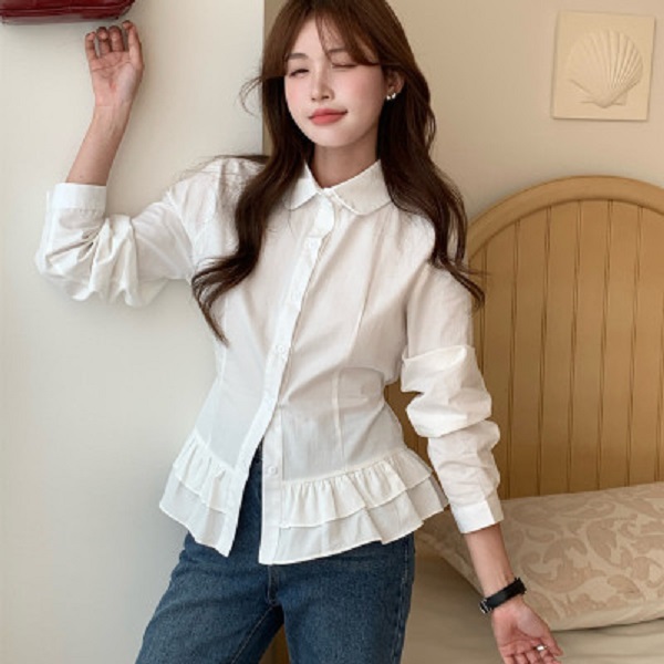 少女小众设计感荷叶边拼显瘦接单排扣时尚长袖衬衫绑带上衣百搭