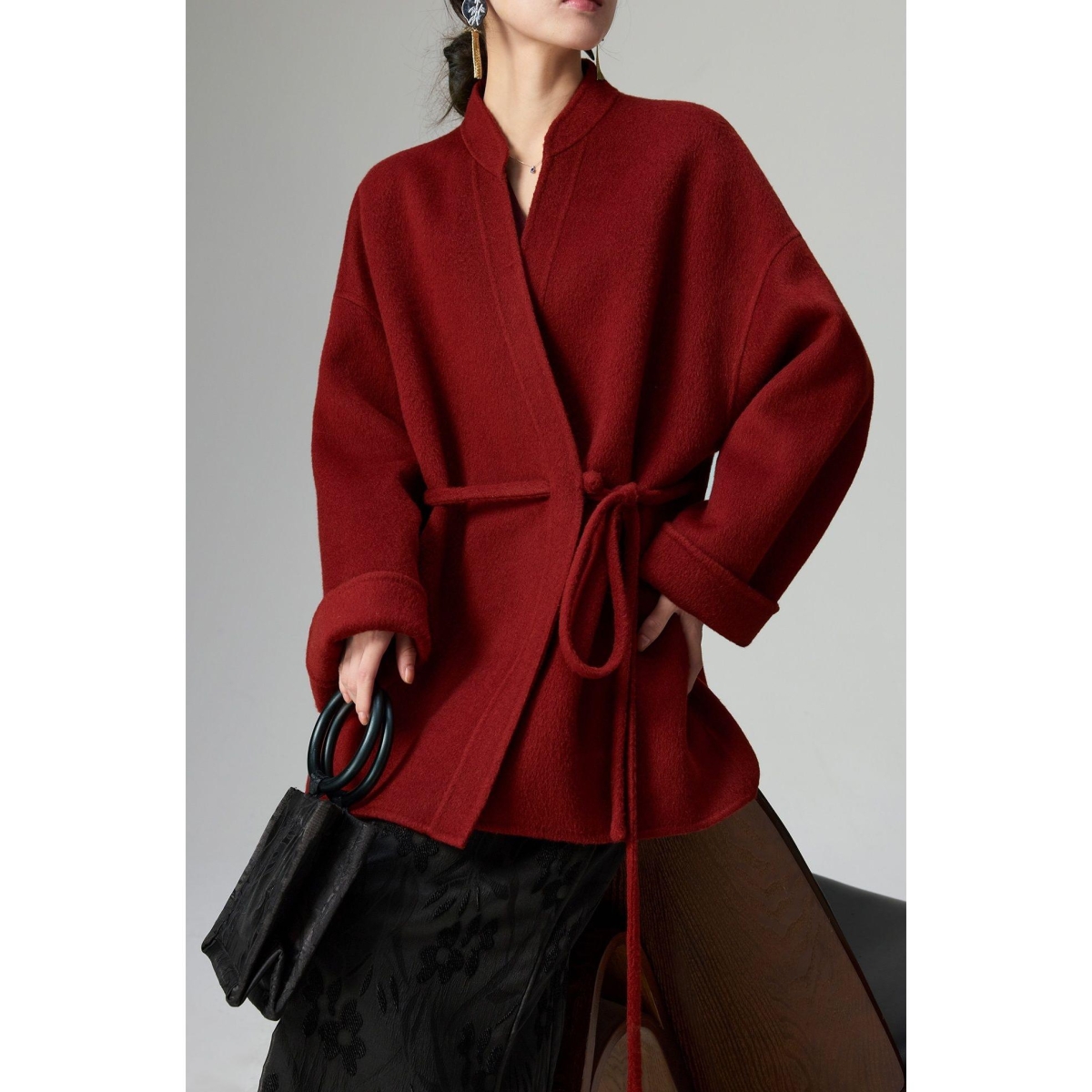 高级感新中式红色双面呢大衣女短款2025秋冬新款系带仿外套