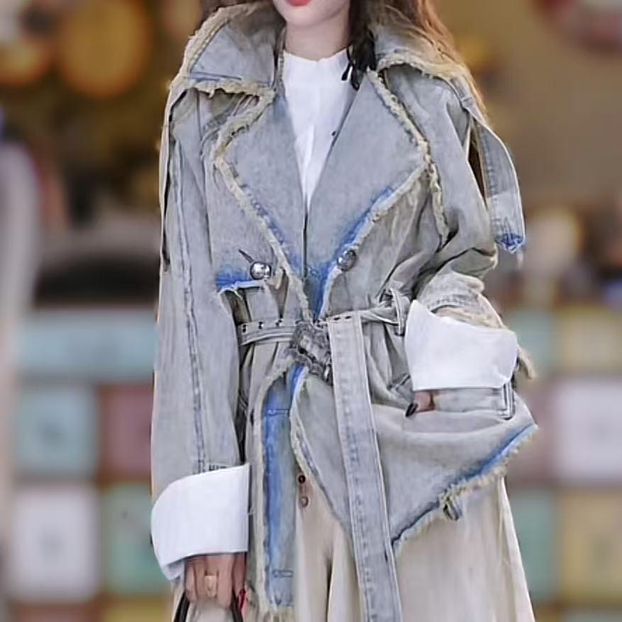 水洗牛仔做旧复古高级感腰带拼接风衣外套