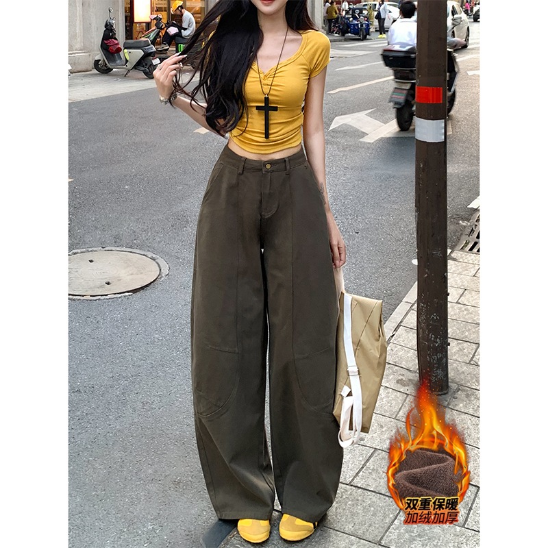 咖绿色复古弯刀加绒阔腿裤女2025年冬季新款高腰显瘦休闲拖地长裤