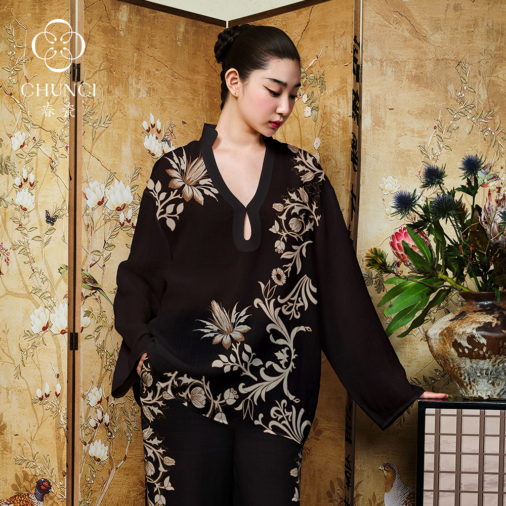 春瓷CHUNCI曲江夜宴系列【玄棠】天丝苎麻女士摩登国风印花衬衫